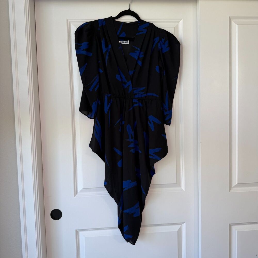 Vintage 80s Glenrob Dress 11/12 M/L Black Blue Abstract Brushstroke Puff Sleeve